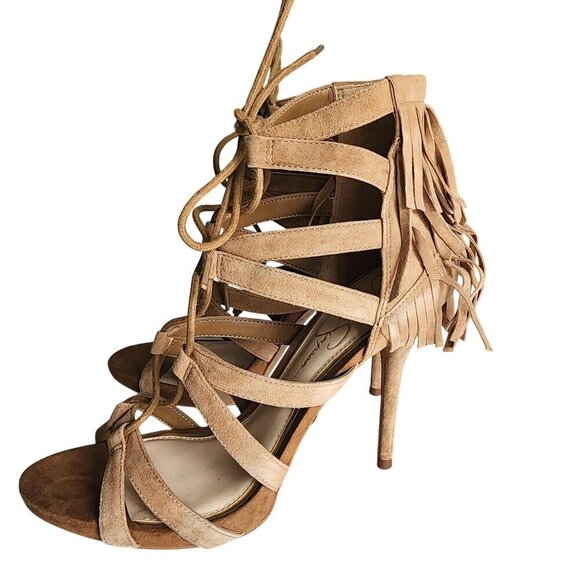 Jessica Simpson JS-Bregan Dakota Tan Lux Kid Suede Fringe Lace-Up Heels Size 8.5 - Picture 6 of 14